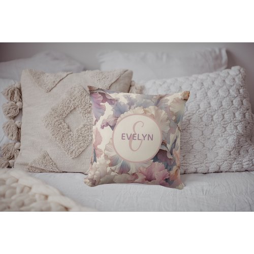 Girls Cute Blush Floral Monogram Kids Bedroom Throw Pillow