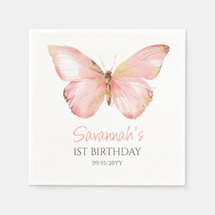 Girls Cute Blush Pink Butterfly 1st Birthday Party Napkins