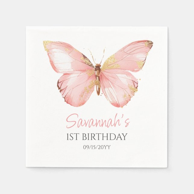 Girls Cute Blush Pink Butterfly 1st Birthday Party Napkins (Front)
