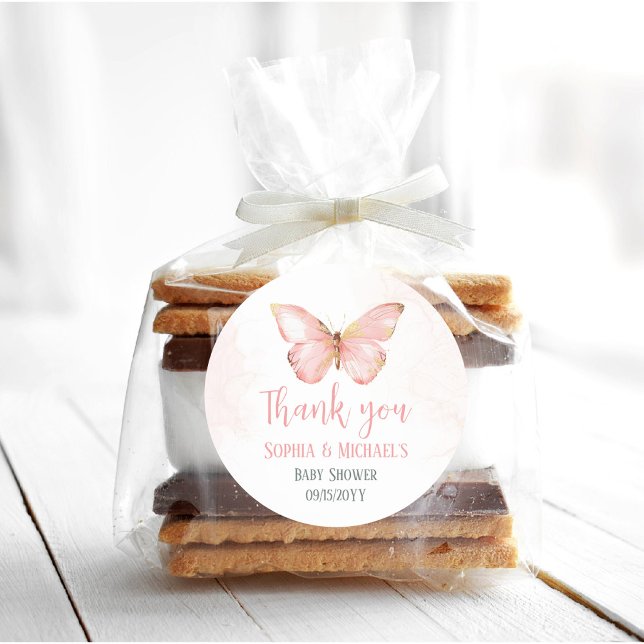 Girls Cute Blush Pink Butterfly Baby Shower Party Classic Round Sticker (Creator Uploaded)