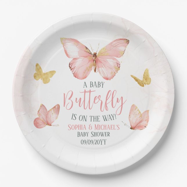 Girls Cute Blush Pink Butterfly Baby Shower Party Paper Plates (Front)
