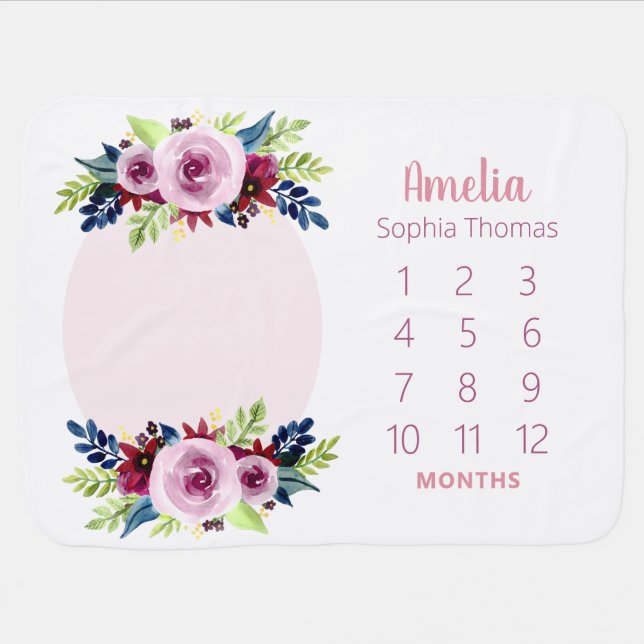 Girls Cute Blush Pink Floral Monthly Milestone Baby Blanket (Horizontal)