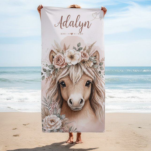 Girls Cute Boho Horse Personalized Name Beach Towel (Creator Uploaded)