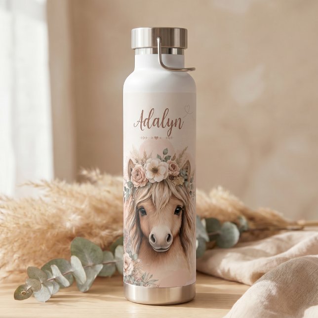 Girls Cute Boho Horse Personalized Name Water Bottle (Creator Uploaded)