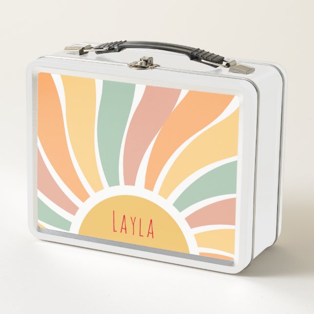 Girls Cute Boho Pastel Rainbow Kids Metal Lunch Box (Front)