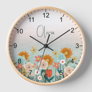 Girls Cute Boho Pink Floral Botanical Kids Clock