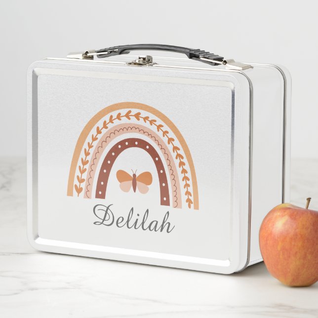 Girls Cute Boho Rainbow Butterfly Personalized Metal Lunch Box (In Situ)