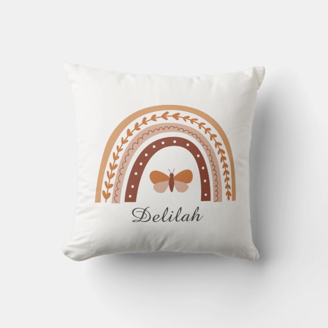 Girls Cute Boho Rainbow Butterfly Personalized Throw Pillow (Front)