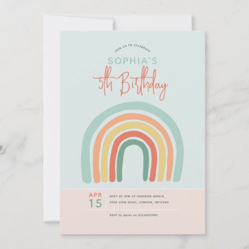 Girls Cute Boho Rainbow Kids 5th Birthday Invitation