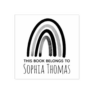 Girls Cute Boho Rainbow Kids School Bookplate Rubber Stamp