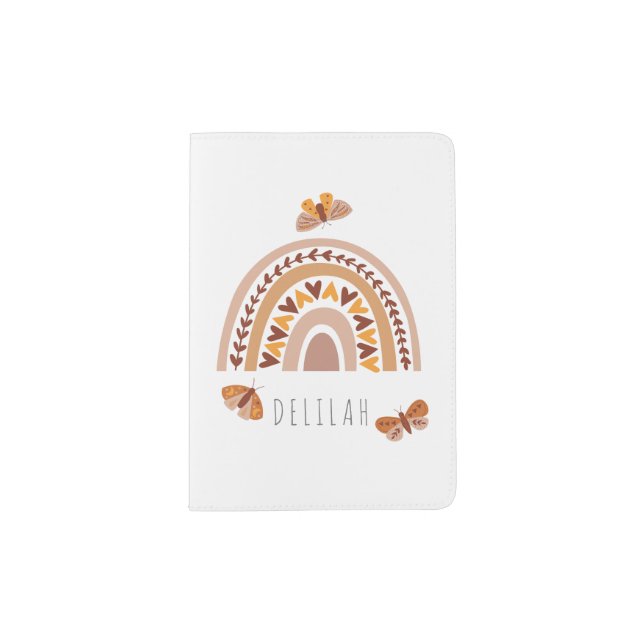 Girls Cute Boho Rainbow & Name Kids Passport Holder (Front)