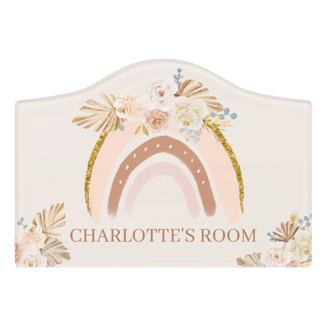 Girls Cute Boho Rainbow Nursery Kids Door Sign (Small Crest Front)