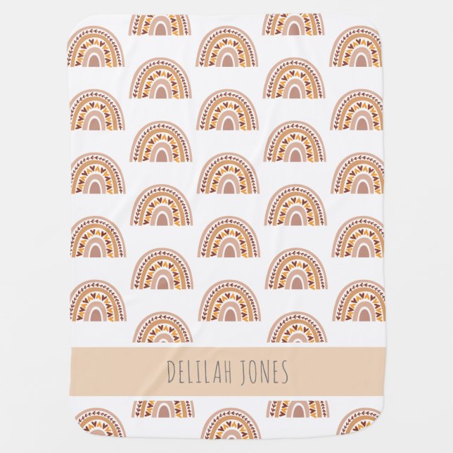 Girls Cute Boho Rainbow Patterned Personalized Baby Blanket (Front)