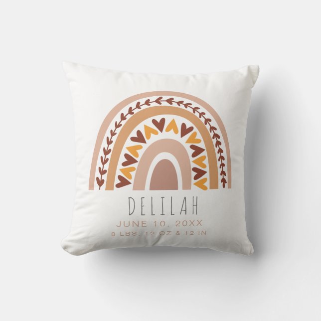 Girls Cute Boho Rainbow Personalized Birth Stats Throw Pillow (Front)