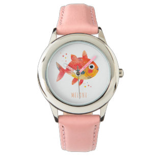 Girls Cute Boho Watercolor Fish and Name Watch