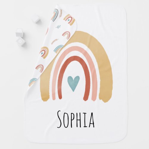 Girls Cute Boho Watercolor Rainbow and Heart Baby Blanket