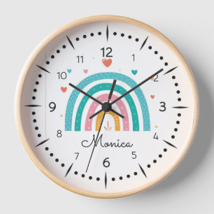 Girls Cute Boho Watercolor Rainbow and Name Clock