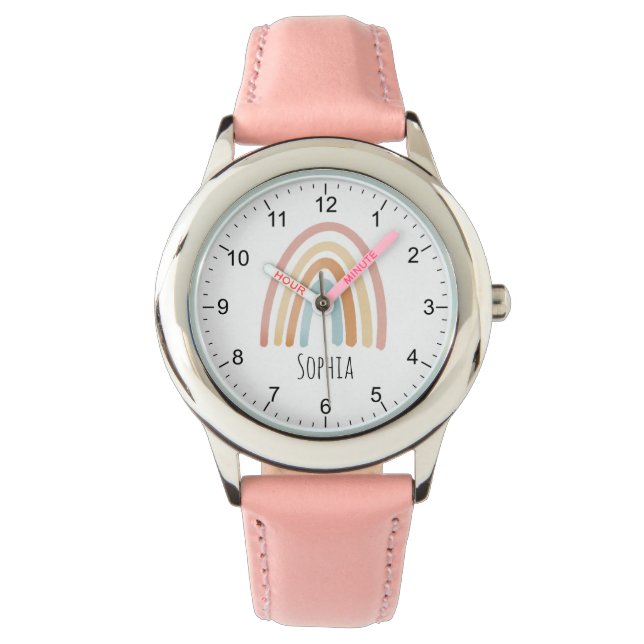 Girls Cute Boho Watercolor Rainbow and Name Watch (Front)