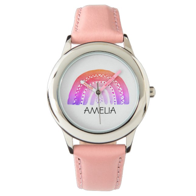 Girls Cute Boho Watercolor Rainbow and Name Watch (Front)