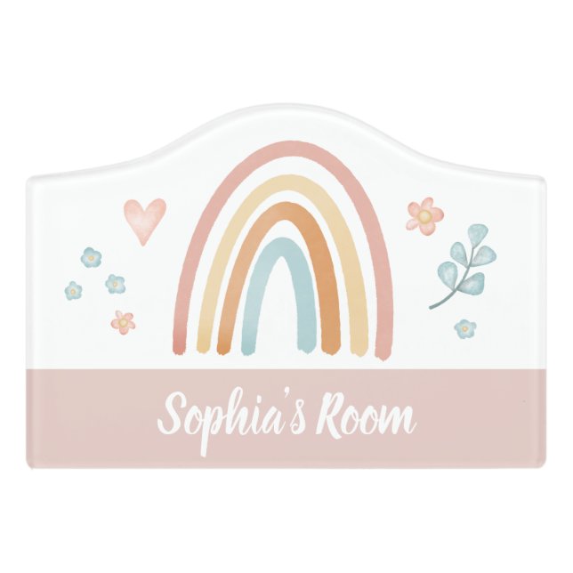 Girls Cute Boho Watercolor Rainbow Kids Nursery Door Sign (Small Crest Front)