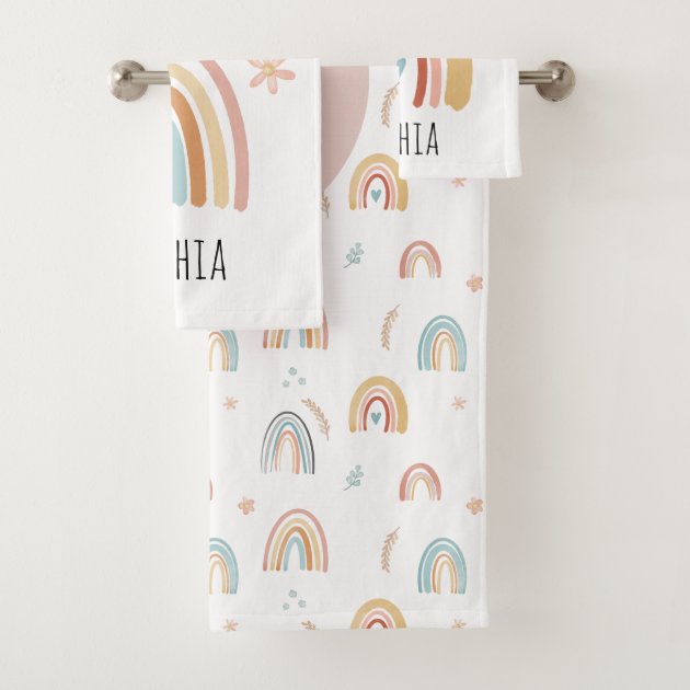 Girls Cute Boho Watercolor Rainbow Pattern Kids Bath Towel Set