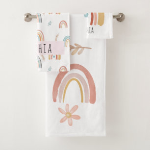 Girls Cute Boho Watercolor Rainbows and Flowers Bath Towel Set