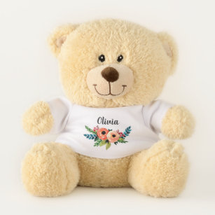 Girls Cute Botanical Watercolor Flowers and Name Teddy Bear