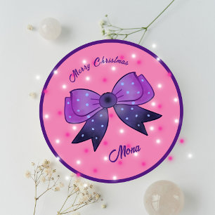 Girls Cute Bow Merry Christmas custom name Classic Round Sticker