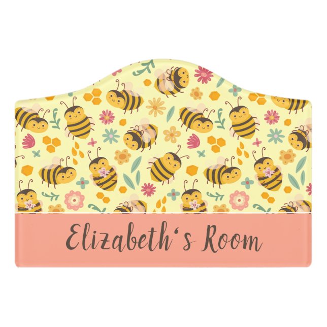 Girls Cute Bumble Bee Spring Floral Pattern Kids Door Sign (Small Crest Front)