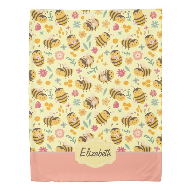 Girls Cute Bumble Bee Spring Floral Pattern Kids Duvet Cover (Front)