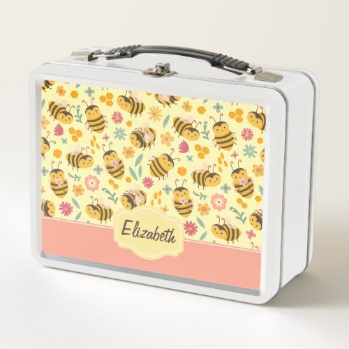 Girls Cute Bumble Bee Spring Floral Pattern Kids Metal Lunch Box