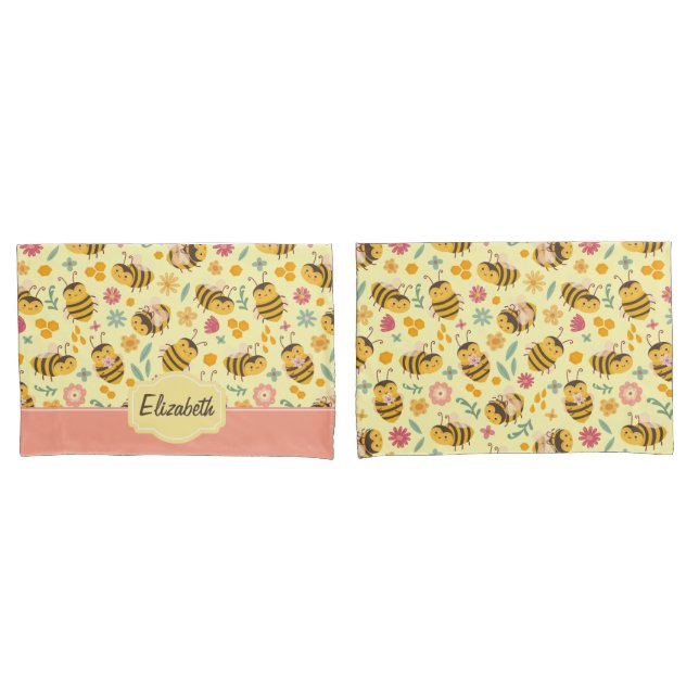 Girls Cute Bumble Bee Spring Floral Pattern Kids Pillow Case (Front-Set)