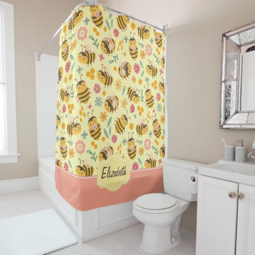 Girls Cute Bumble Bee Spring Floral Pattern Kids Shower Curtain