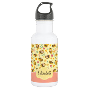 Girls Cute Bumble Bee Spring Floral Pattern Kids Stainless Steel Water Bottle
