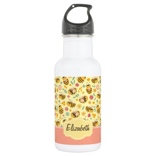 Girls Cute Bumble Bee Spring Floral Pattern Kids Stainless Steel Water Bottle