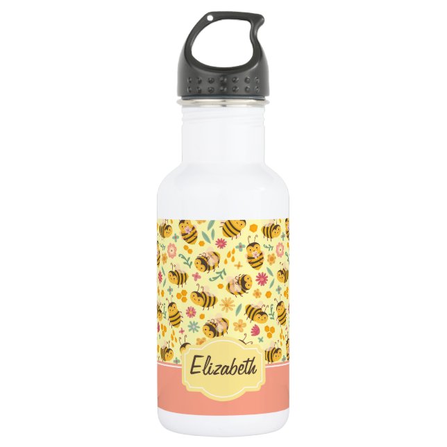 Girls Cute Bumble Bee Spring Floral Pattern Kids Stainless Steel Water Bottle (Front)