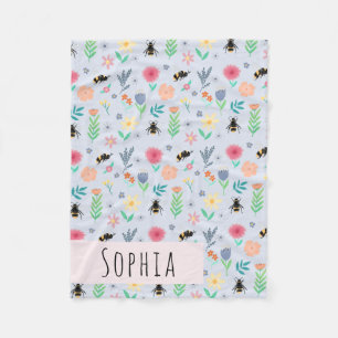 Girls Cute Bumblebee Bee Summer Pattern Name Kids Fleece Blanket