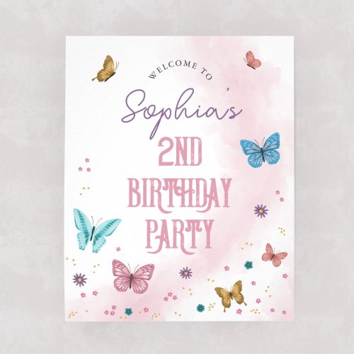 Girls Cute Butterfly Birthday Party Welcome Sign