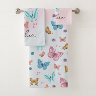 Girls Cute Butterfly Kids Pink Monogram Bath Towel Set