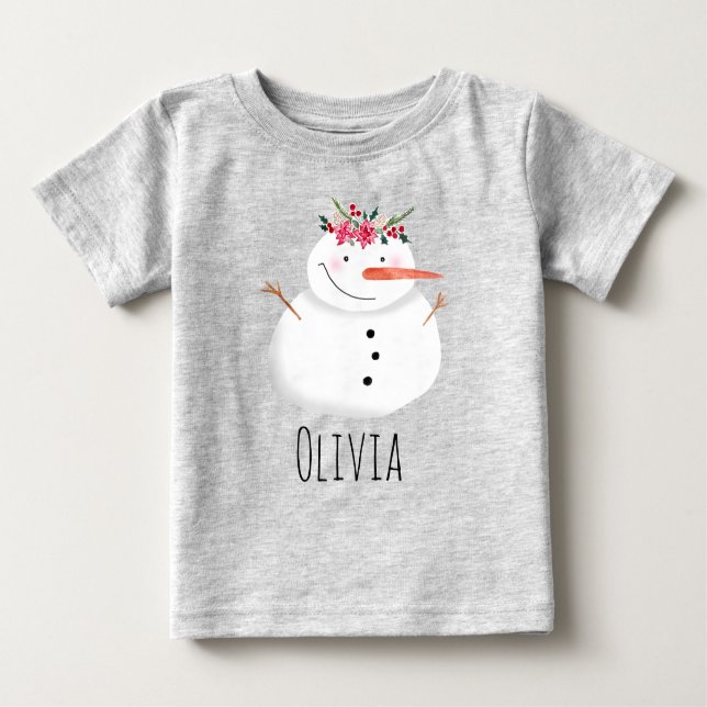 Girls Cute Christmas Flower Snowman and Name Baby T-Shirt (Front)