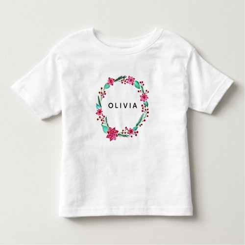 Girls Cute Christmas Flower Wreath and Name Toddler T_shirt