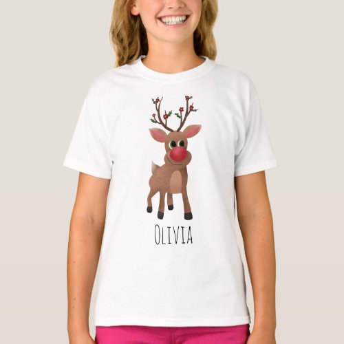 Girls Cute Christmas Rudolph Reindeer  T_Shirt