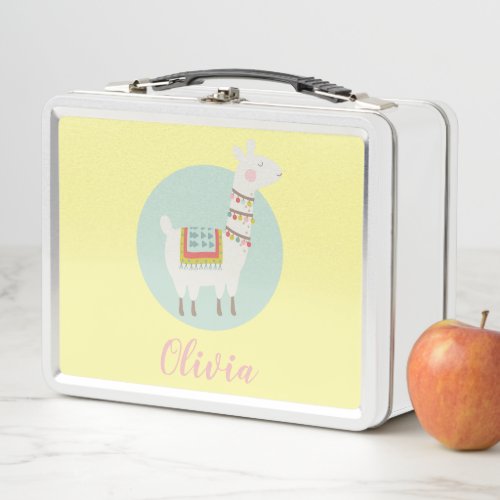 Girls Cute Colorful Llama Personalized Metal Lunch Box