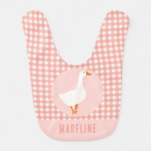 Girls Cute Coquette Pink Gingham Goose Baby Bib