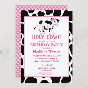 Girls Cute Cow Pink Birthday Party Invitation