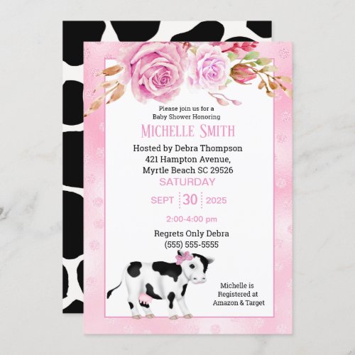 Girls Cute Cow Print and Floral  Baby Shower   Invitation