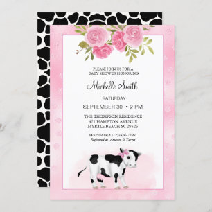 Girls Cute Cow Print and Floral Baby Shower Invitation
