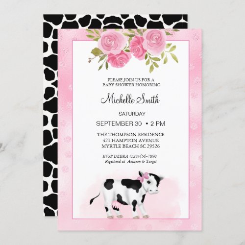 Girls Cute Cow Print and Floral  Baby Shower   Invitation