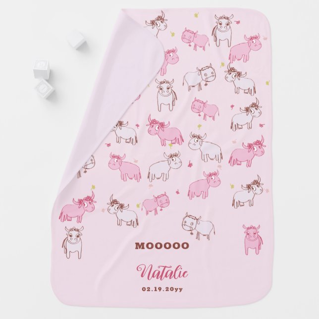 Girls Cute Cows Pink Pattern Name Birth Date Baby Blanket (In Situ)