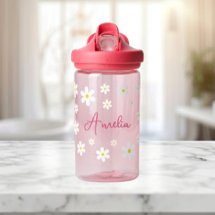 Girls Cute Daisy Pink Personalized Water Bottle